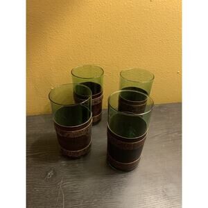 Vtg Green Whiskey Glasses With Leather Embossed‎ Sleeve Lot Of Four
